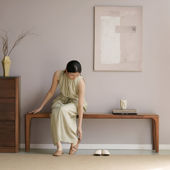 Japandi walnut wood dining bench conti in details.