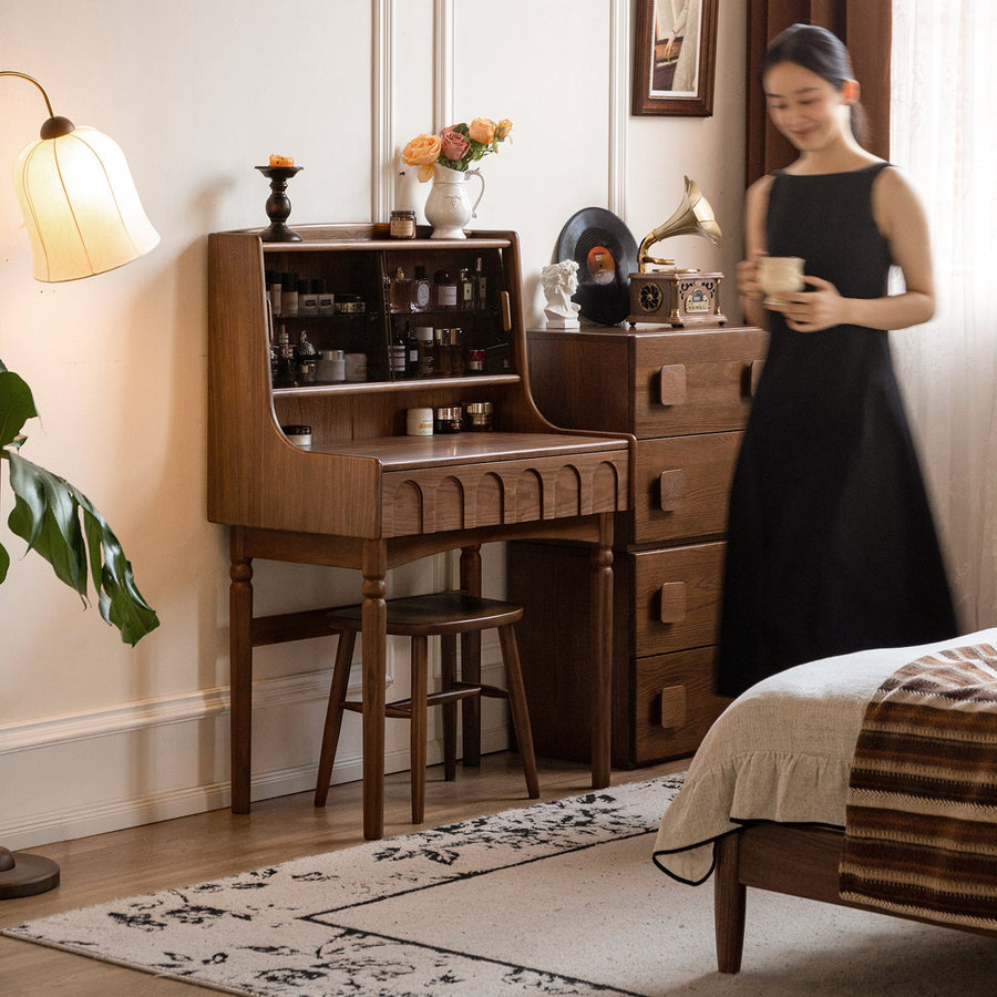 Japandi walnut wood dressing table anna primary product view.