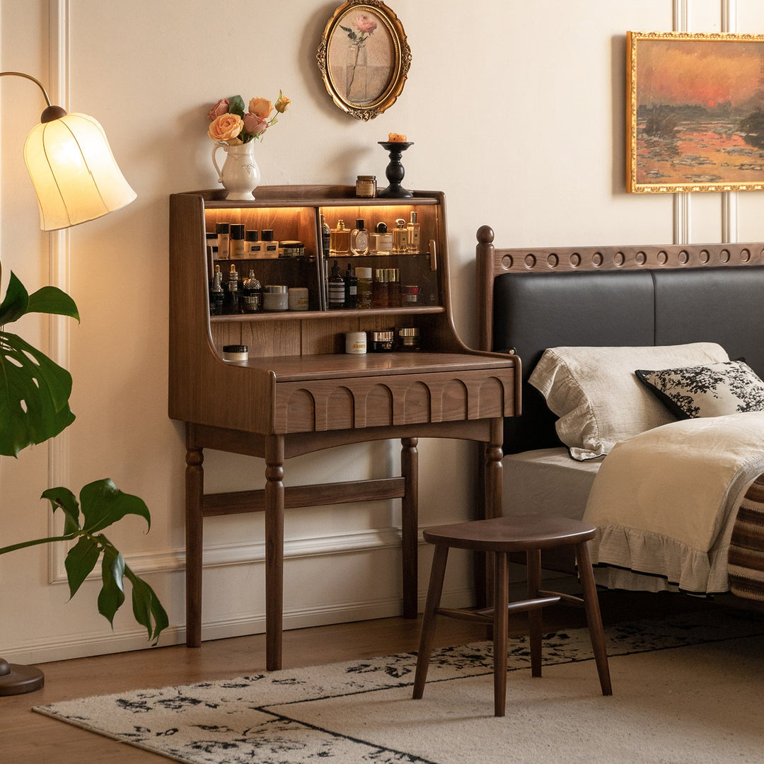 Japandi walnut wood dressing table anna size charts.