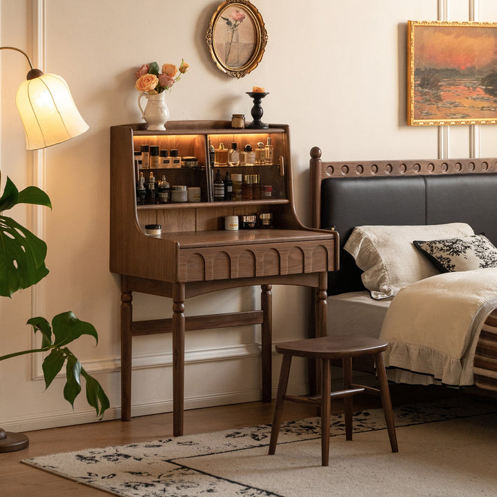 Japandi walnut wood dressing table anna size charts.