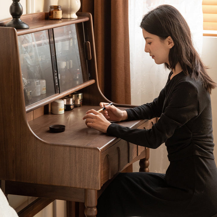 Japandi walnut wood dressing table anna color swatches.