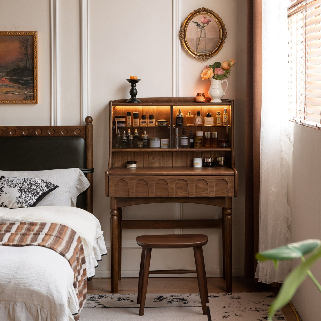 Japandi walnut wood dressing table anna in details.