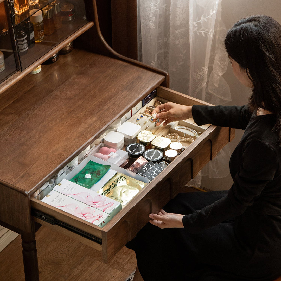 Japandi walnut wood dressing table anna in close up details.