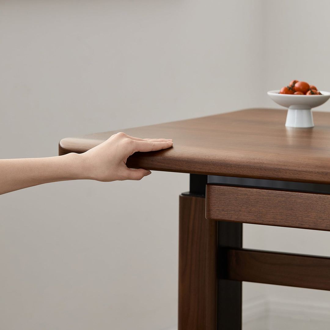 Japandi walnut wood electric height adjustable study table cloud lifting environmental situation.