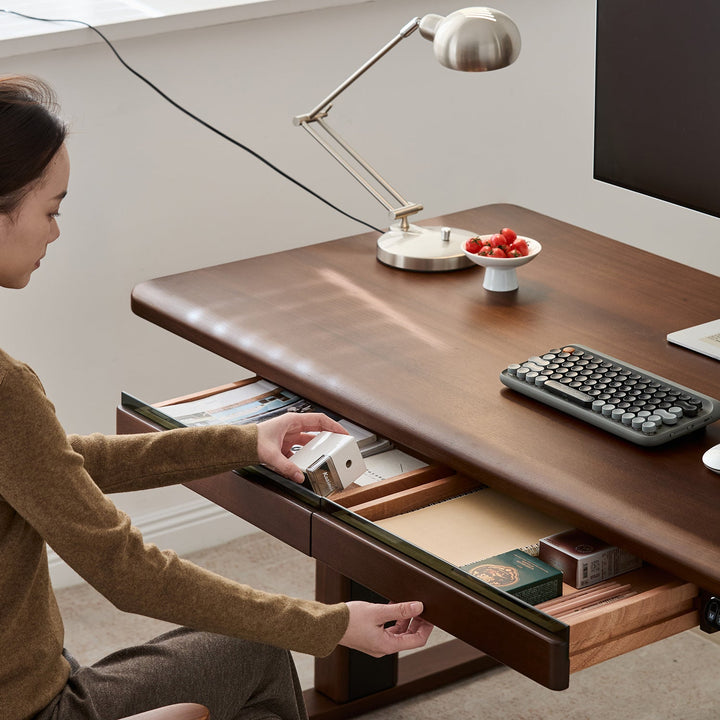 Japandi walnut wood electric height adjustable study table cloud lifting with context.