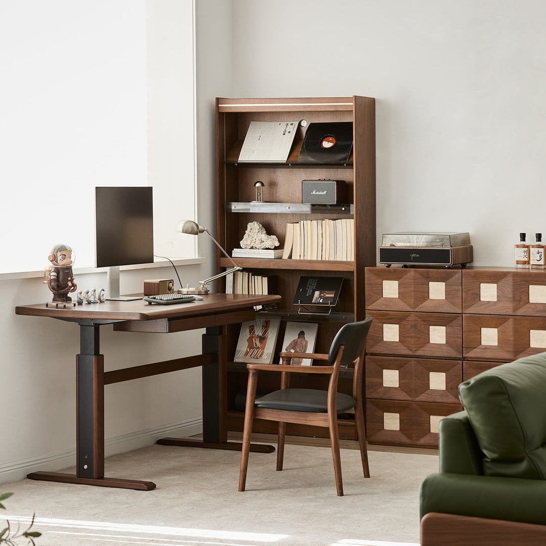 Japandi walnut wood electric height adjustable study table cloud lifting in close up details.