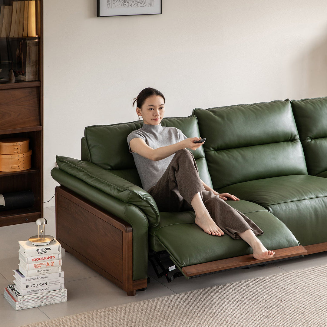 Japandi walnut wood genuine leather electric recliner 3 seater sofa edgeless primary product view.