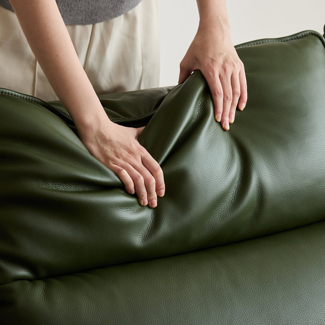 Japandi walnut wood genuine leather electric recliner 3 seater sofa edgeless in still life.