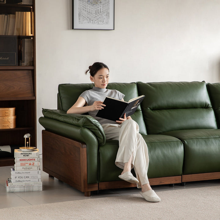 Japandi walnut wood genuine leather electric recliner 3 seater sofa edgeless in details.