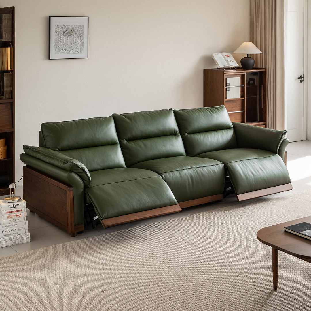Japandi walnut wood genuine leather electric recliner 4 seater sofa edgeless size charts.