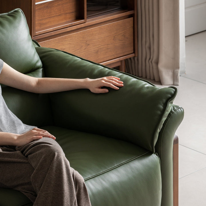 Japandi walnut wood genuine leather electric recliner 4 seater sofa edgeless material variants.