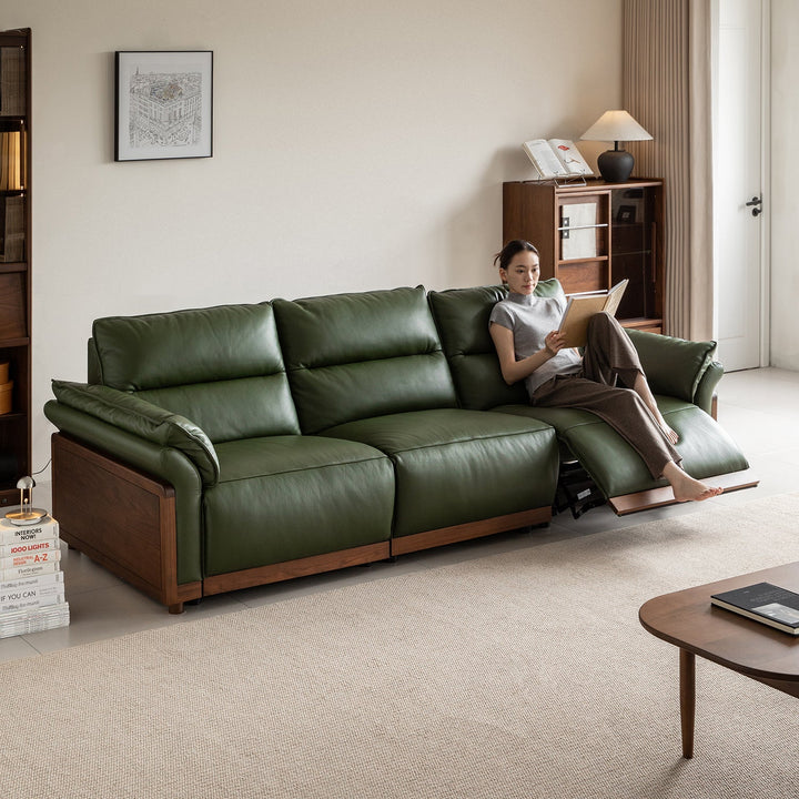 Japandi walnut wood genuine leather electric recliner 4 seater sofa edgeless in details.
