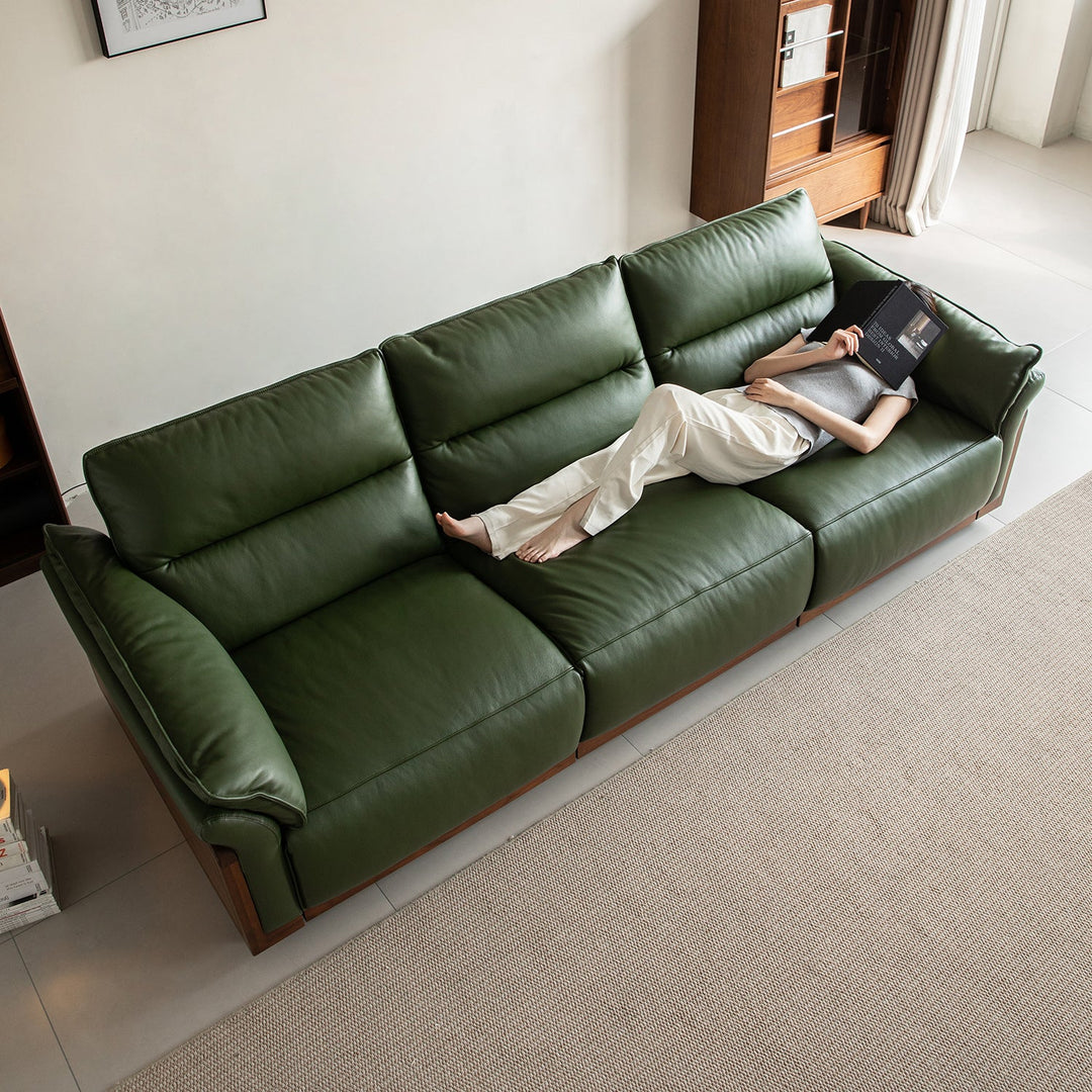 Japandi walnut wood genuine leather electric recliner 4 seater sofa edgeless in still life.