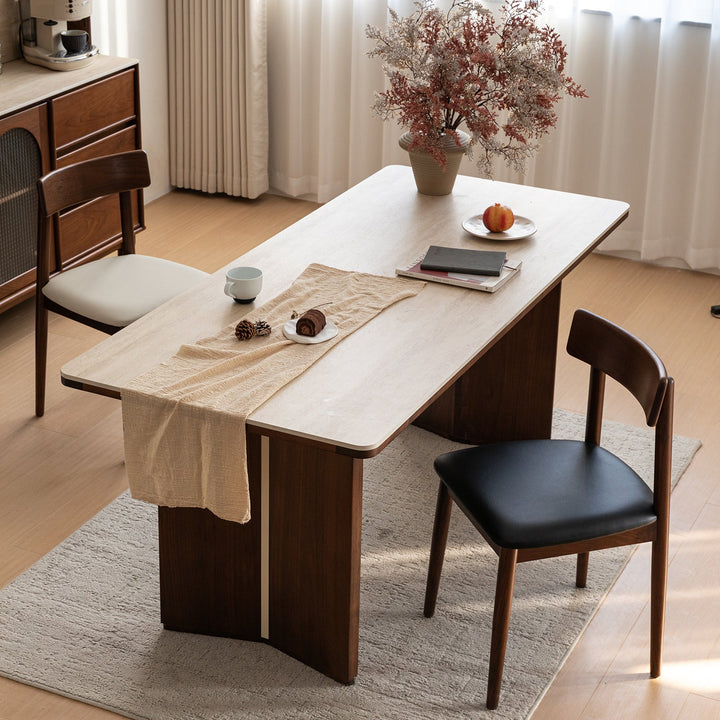 Japandi walnut wood microfiber leather dining chair green in panoramic view.