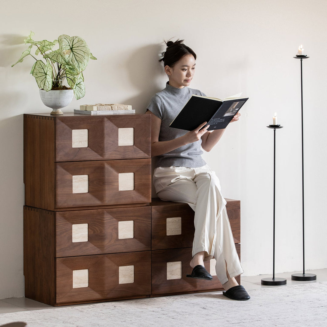 Japandi walnut wood modular cabinet solo primary product view.