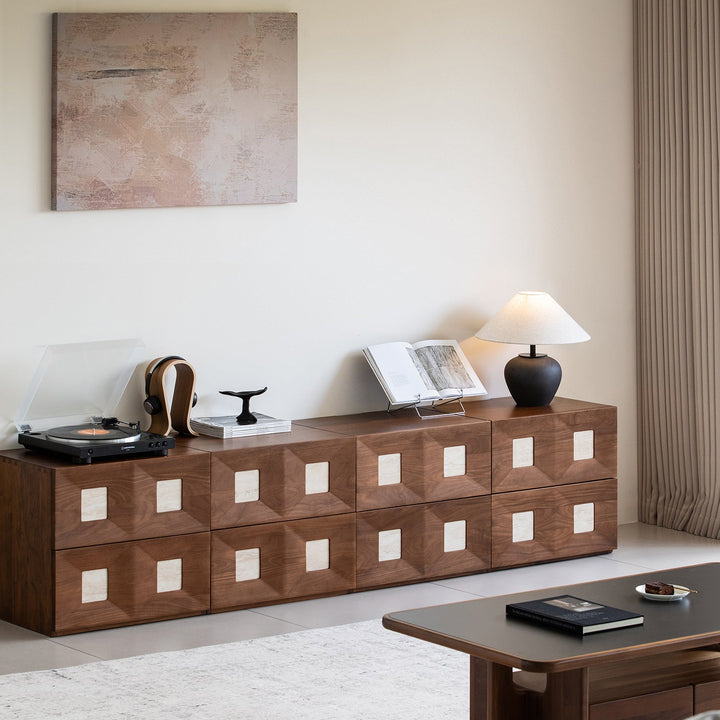 Japandi walnut wood modular cabinet solo size charts.