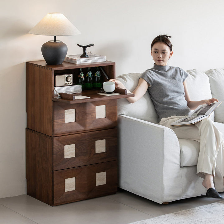 Japandi walnut wood modular cabinet solo material variants.