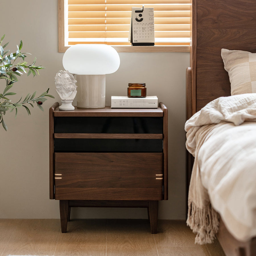 Japandi walnut wood side table dusk primary product view.