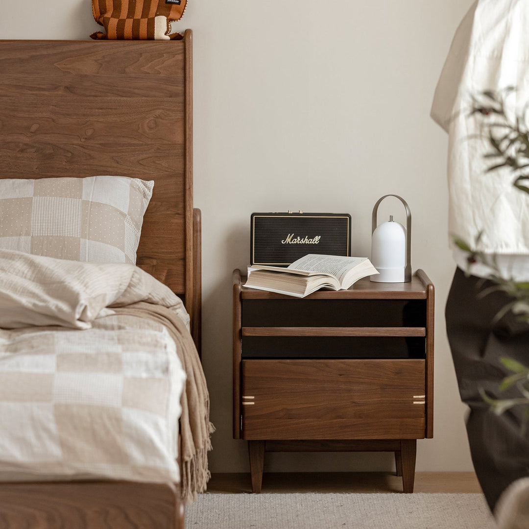 Japandi walnut wood side table dusk environmental situation.