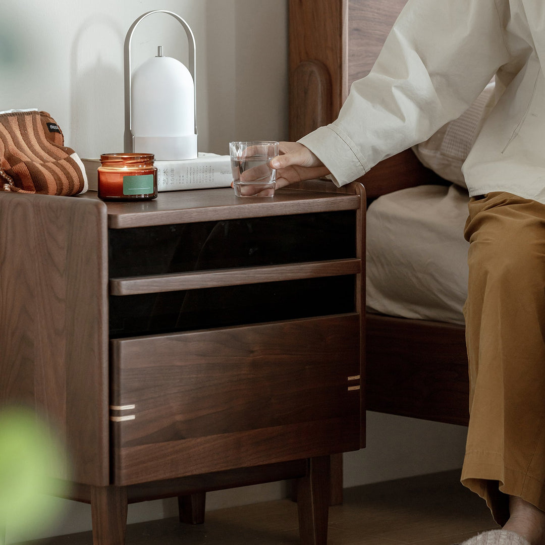 Japandi walnut wood side table dusk size charts.