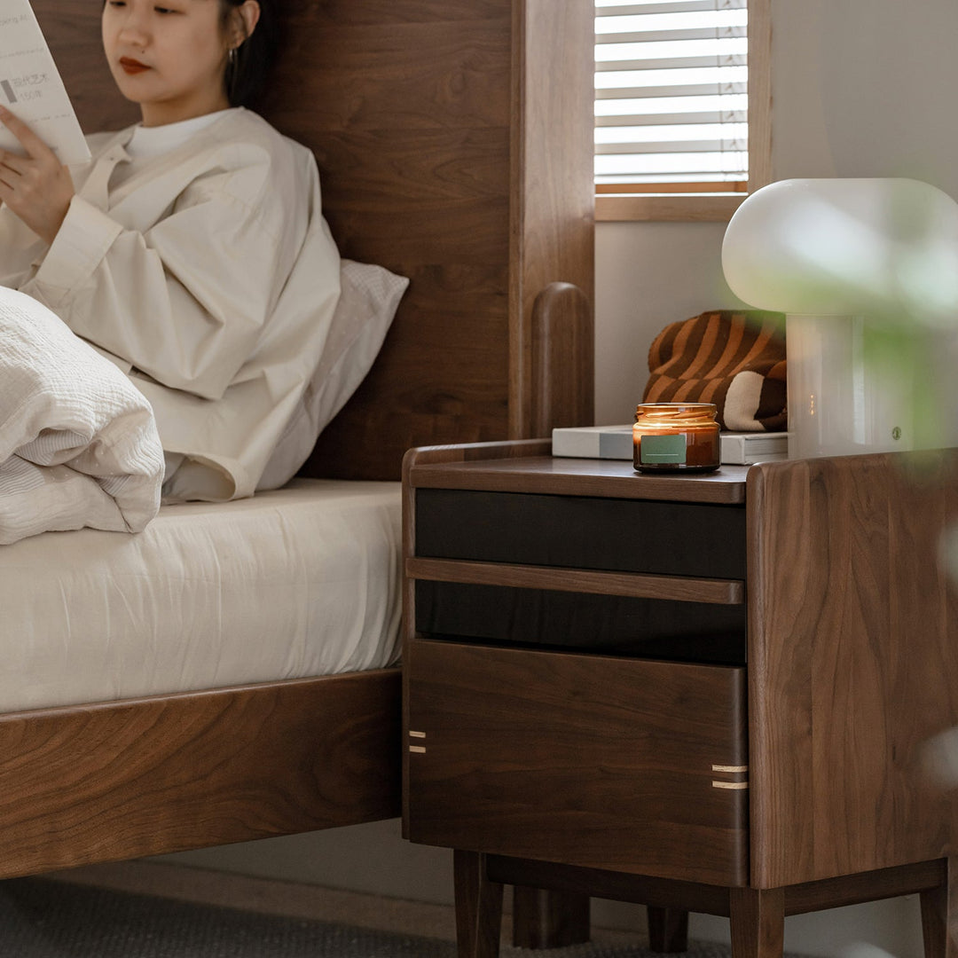 Japandi walnut wood side table dusk material variants.