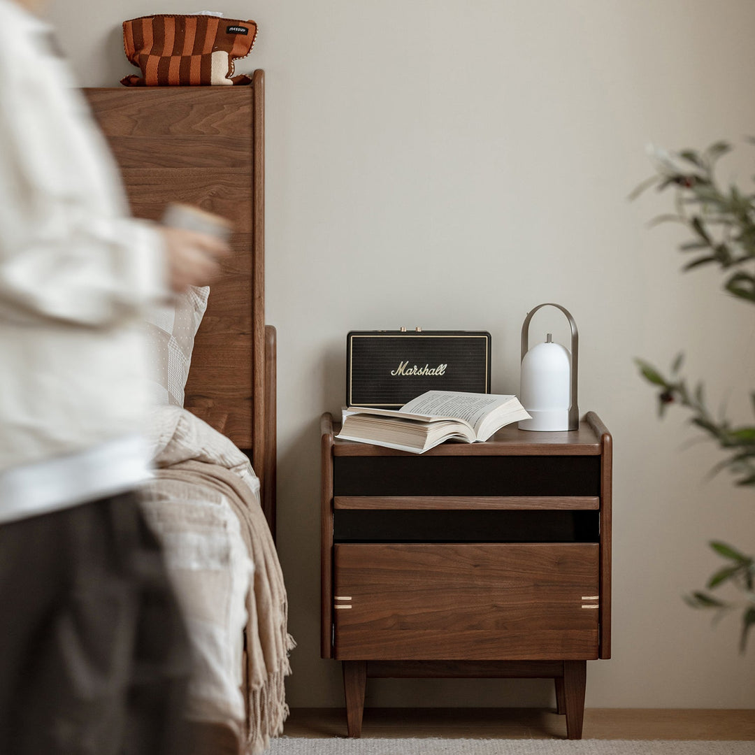 Japandi walnut wood side table dusk with context.