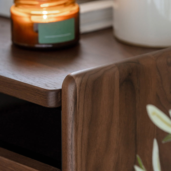Japandi walnut wood side table dusk in details.