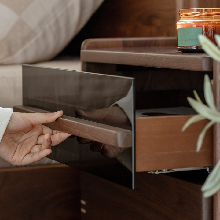 Japandi walnut wood side table dusk in panoramic view.