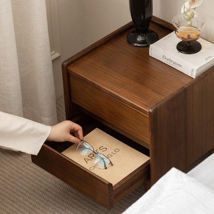 Japandi walnut wood side table vista in still life.