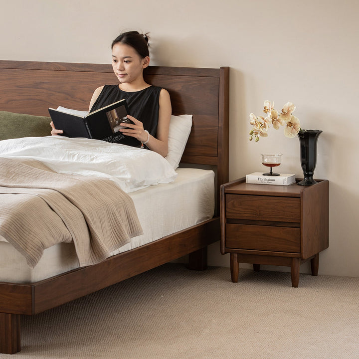 Japandi walnut wood side table vista in real life style.