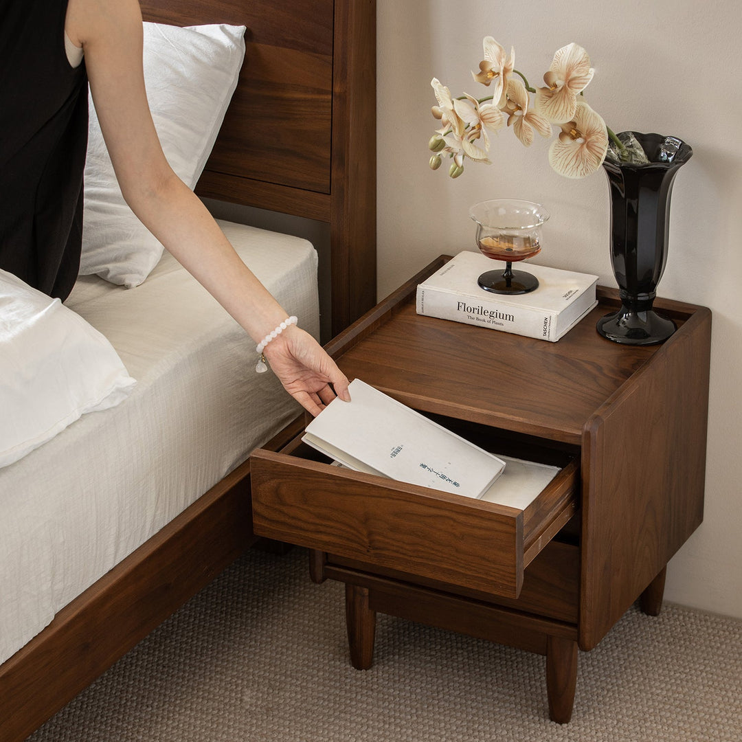 Japandi walnut wood side table vista with context.