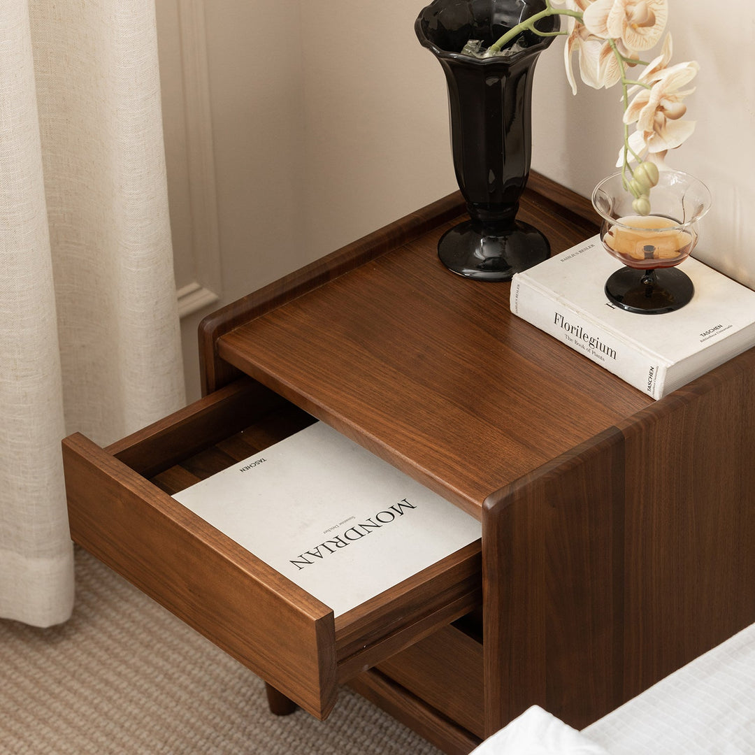 Japandi walnut wood side table vista in panoramic view.