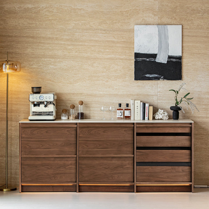 Japandi walnut wood sintered stone cabinet axis primary product view.