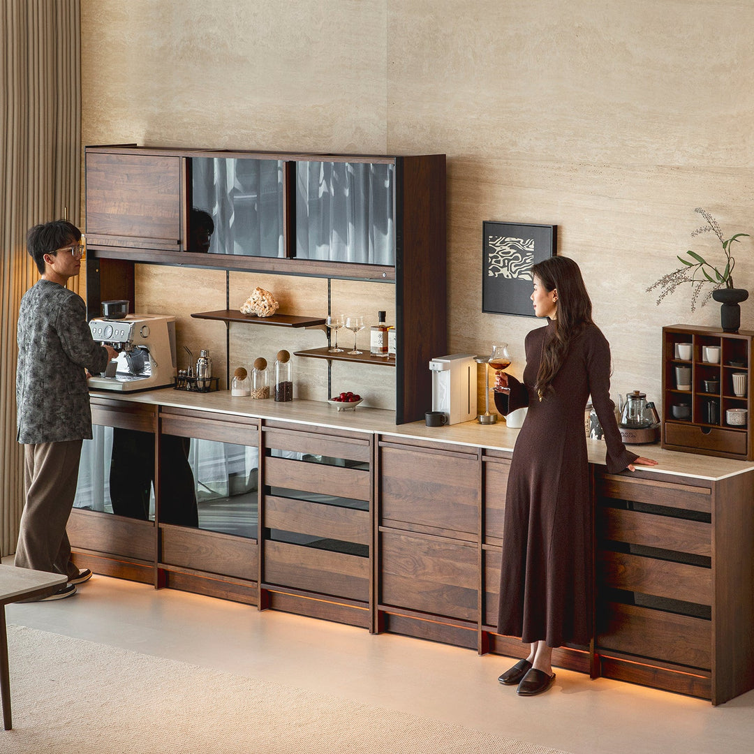 Japandi walnut wood sintered stone cabinet axis size charts.