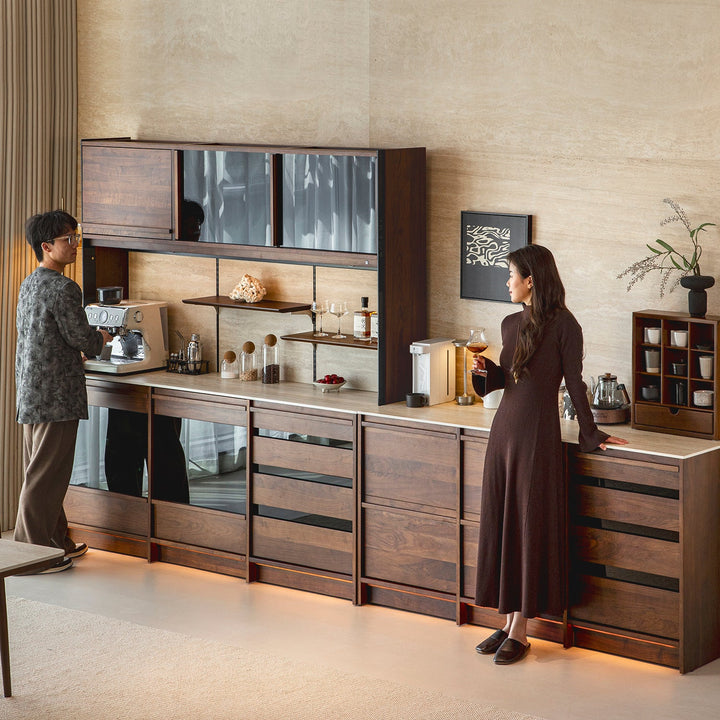 Japandi walnut wood sintered stone cabinet axis size charts.