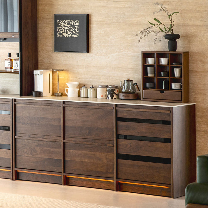 Japandi walnut wood sintered stone cabinet axis material variants.