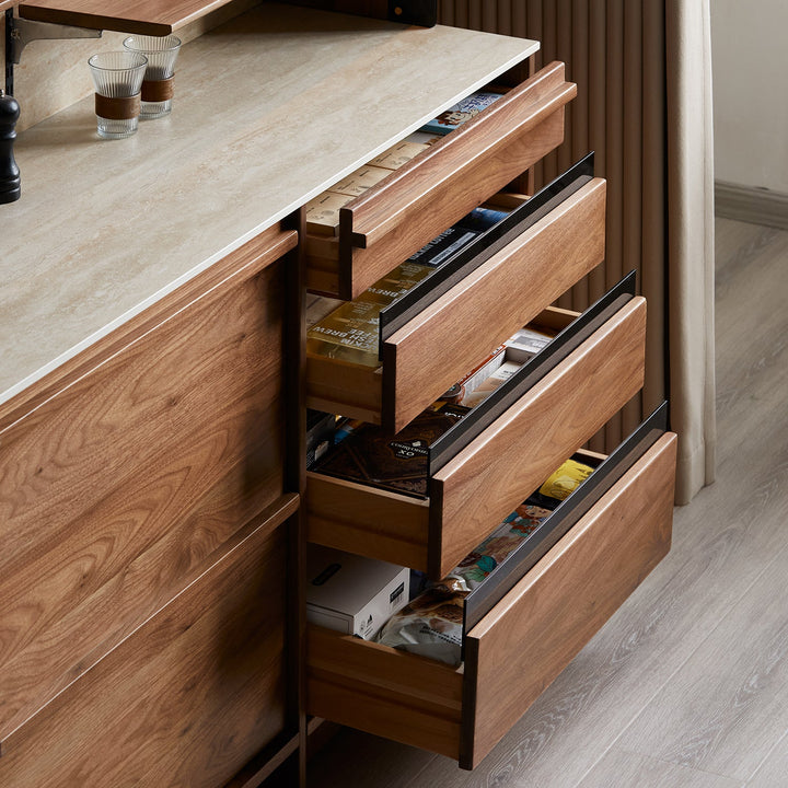 Japandi walnut wood sintered stone cabinet axis with context.