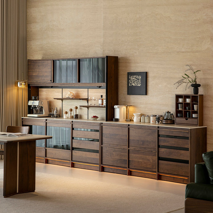 Japandi walnut wood sintered stone cabinet axis in still life.