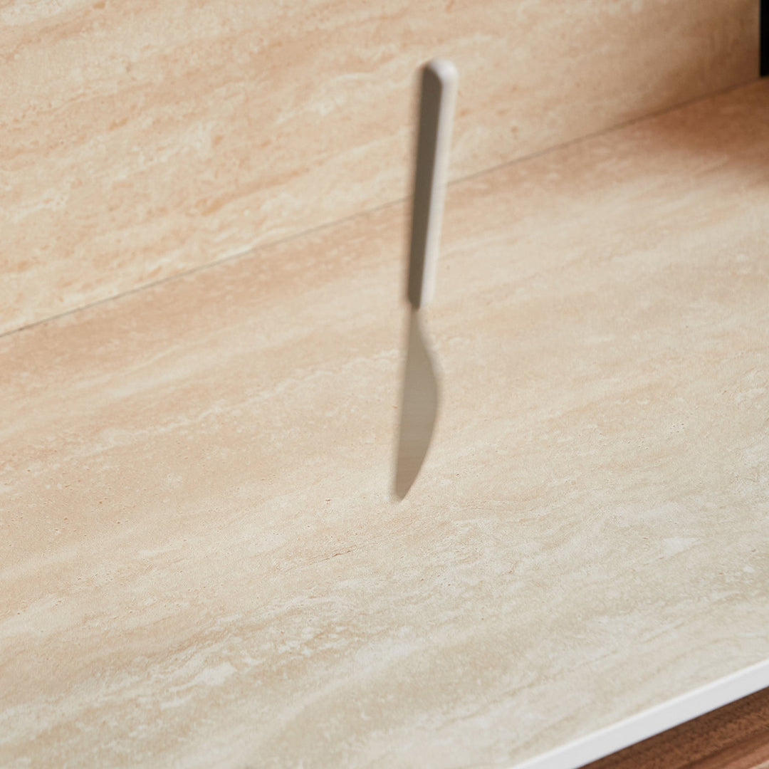 Japandi walnut wood sintered stone cabinet axis layered structure.