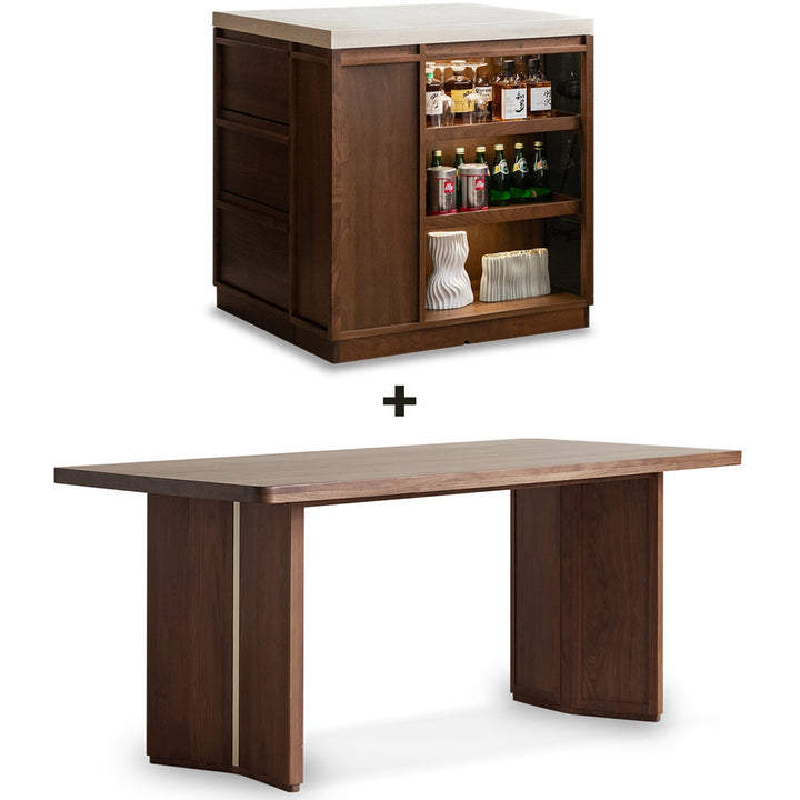 Japandi walnut wood sintered stone island dining table with cabinet axis environmental situation.