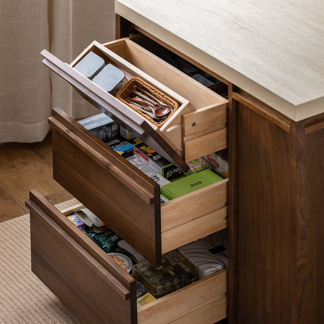 Japandi walnut wood sintered stone island dining table with cabinet axis in close up details.