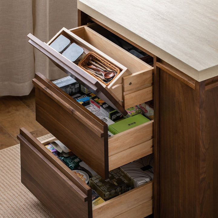 Japandi walnut wood sintered stone island dining table with cabinet axis in close up details.