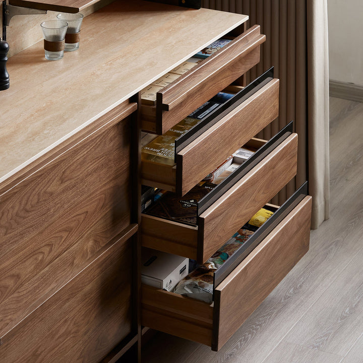 Japandi walnut wood sintered stone storage side cabinet axis layered structure.