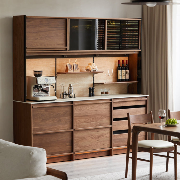Japandi walnut wood sintered stone storage side cabinet axis primary product view.