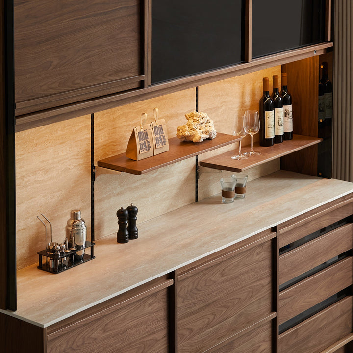 Japandi walnut wood sintered stone storage side cabinet axis size charts.