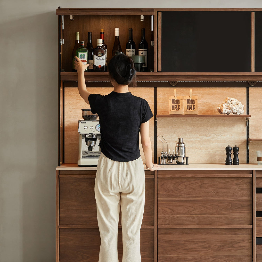 Japandi walnut wood sintered stone storage side cabinet axis with context.