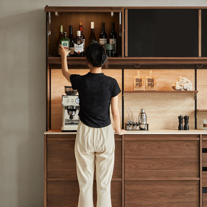 Japandi walnut wood sintered stone storage side cabinet axis with context.