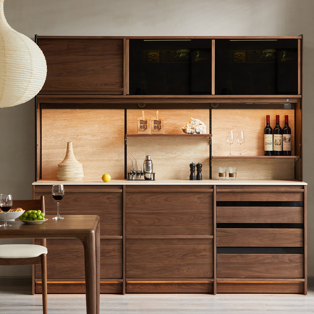 Japandi walnut wood sintered stone storage side cabinet axis in close up details.