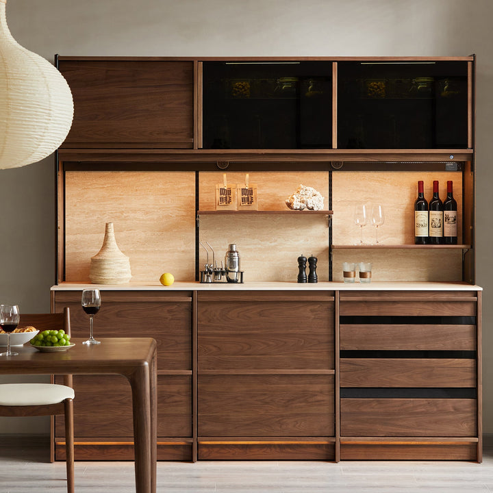 Japandi walnut wood sintered stone storage side cabinet axis in close up details.