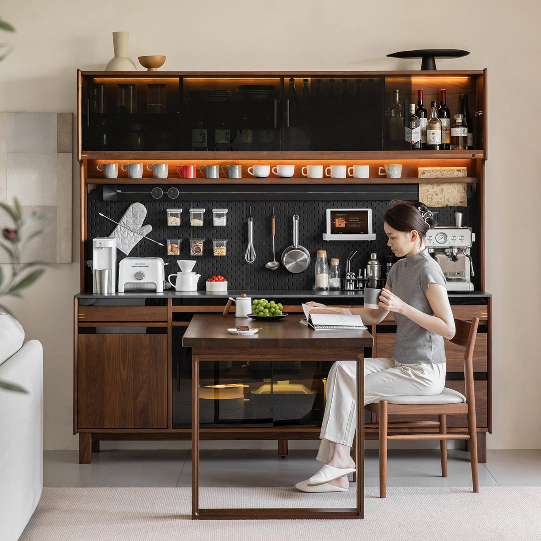 Japandi walnut wood storage side cabinet with dining table harmon in panoramic view.